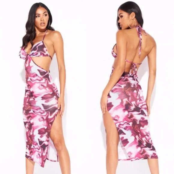 Dresses & Skirts - Purple Marble Print Halter Neck V-Neck Backless Side Slit Cutout Midi Dress